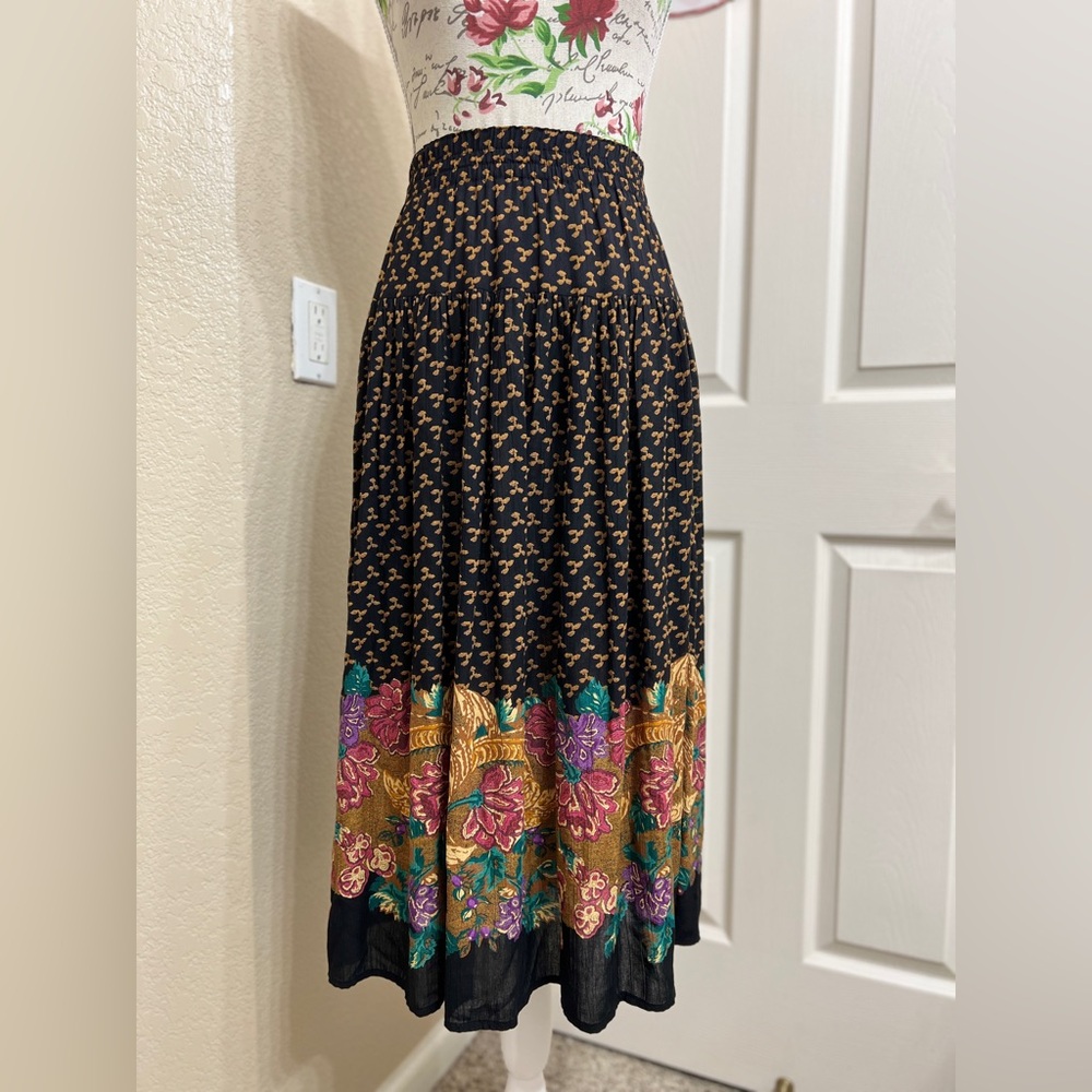 Carole Little Black Midi Skirt with Gold, Pink and Teal Floral Border